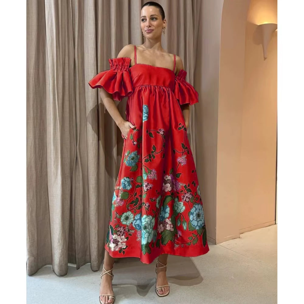 SoleVibe™ 2024 One-Shoulder Vintage Print Dress – Sexy Halter, Hidden Pockets, and Elegant Summer Party Vibes