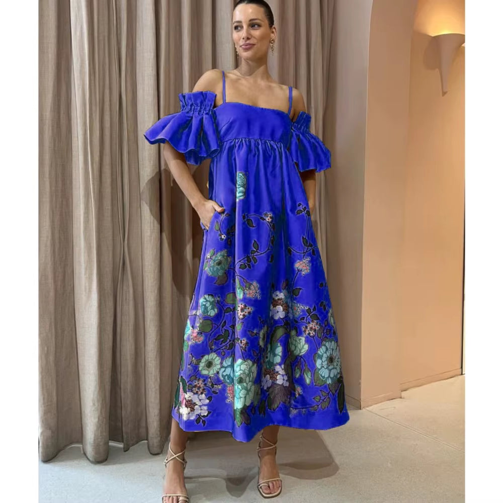 SoleVibe™ 2024 One-Shoulder Vintage Print Dress – Sexy Halter, Hidden Pockets, and Elegant Summer Party Vibes