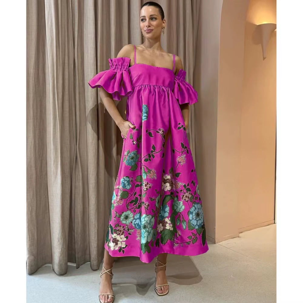 SoleVibe™ 2024 One-Shoulder Vintage Print Dress – Sexy Halter, Hidden Pockets, and Elegant Summer Party Vibes