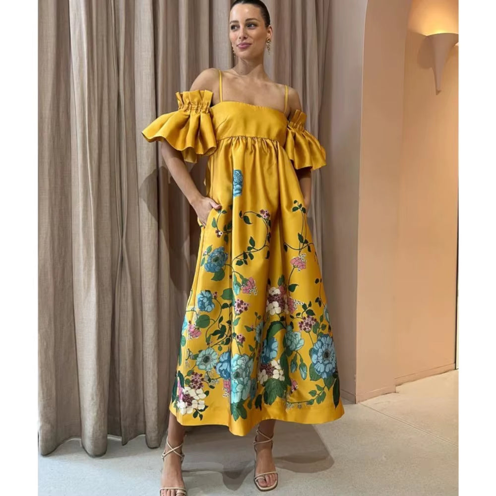 Summer One-Shoulder for Women'S Party Dresses Fashion Pocket Vintage Print Sexy Halter Halter Elegant Female Party Dress 2024